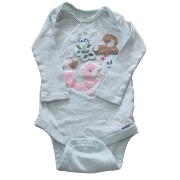 Gerber One Piece Onesie Girls 3-6M Green Pink Long Sleeve Fox Lets Be Friends‎ - Picture 1 of 3